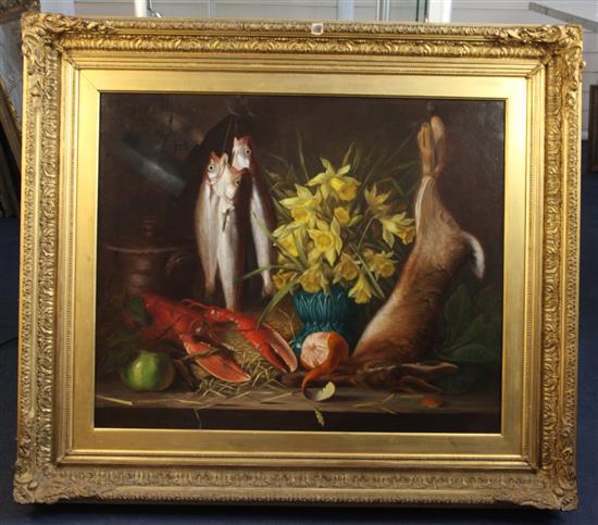 Emily P. Harding (19th C.) Still lifes of fish, game, flowers and vegetables 24.5 x 30in.